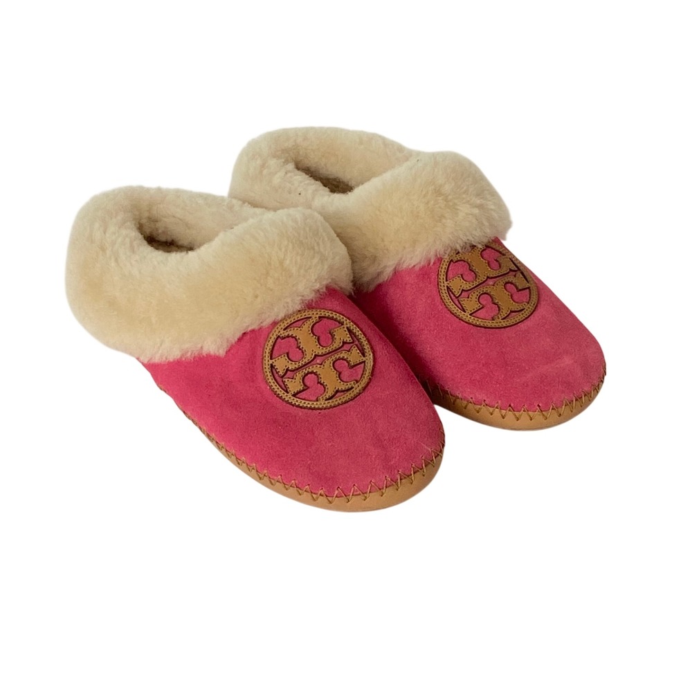 Tory Burch Pink Suede Shearling Lined Slippers Double T‎ Logo Size 7M
